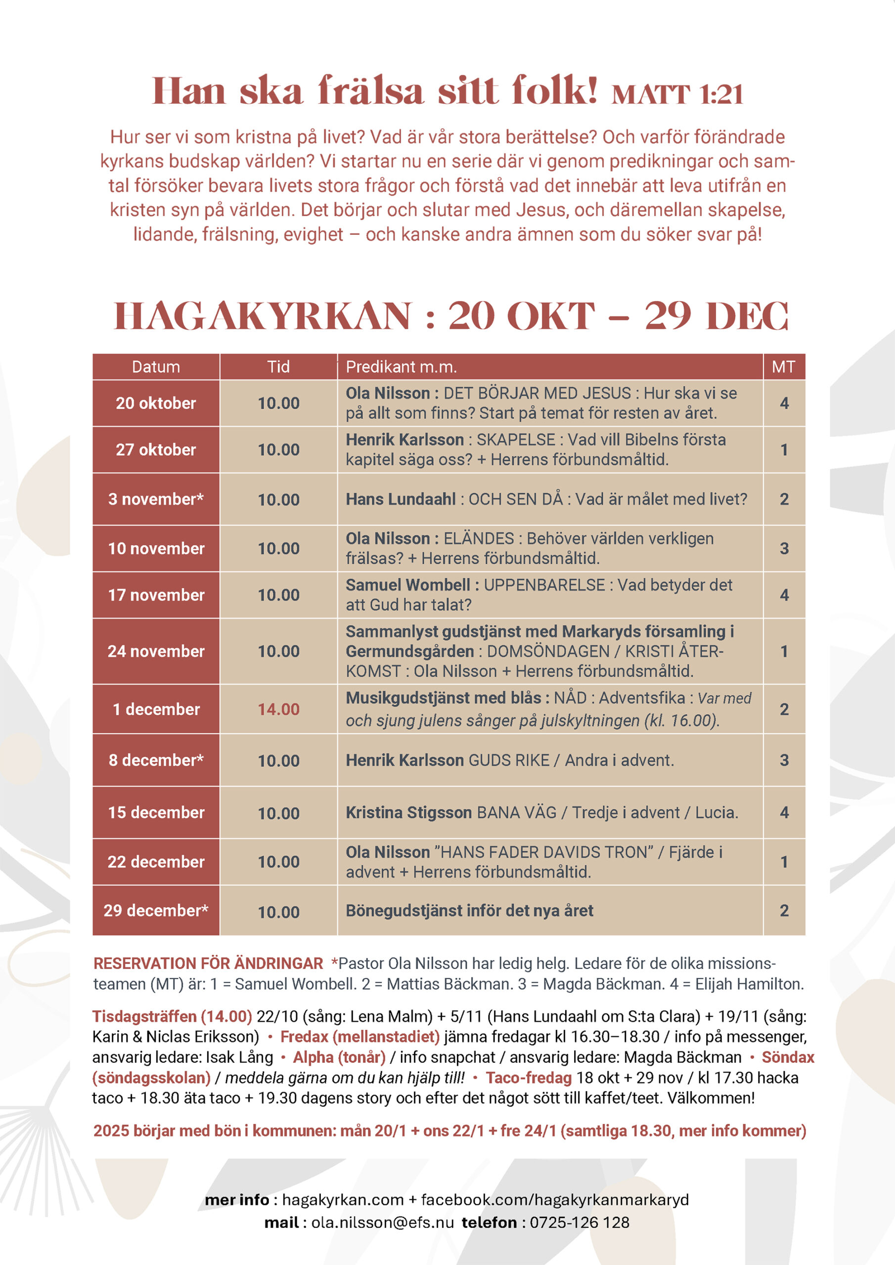 Hagakyrkan Markaryd program oktober-december 2024